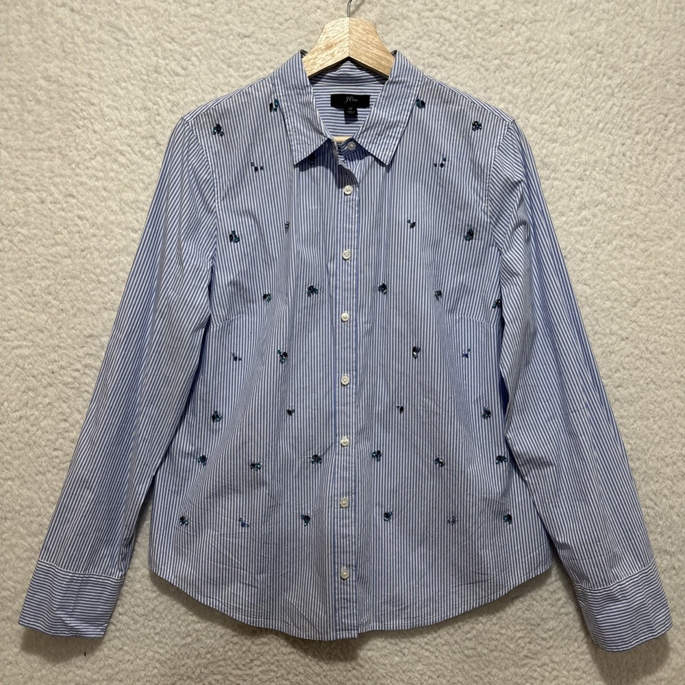 J. Crew Embellished Jeweled Slim Stretch Perfect Shirt In Stripes Jewel Size 12